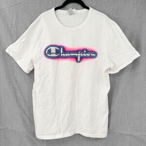 Champion‎ Unisex Large T-Shirt White Airbrush Logo Front & Back 100% Cotton